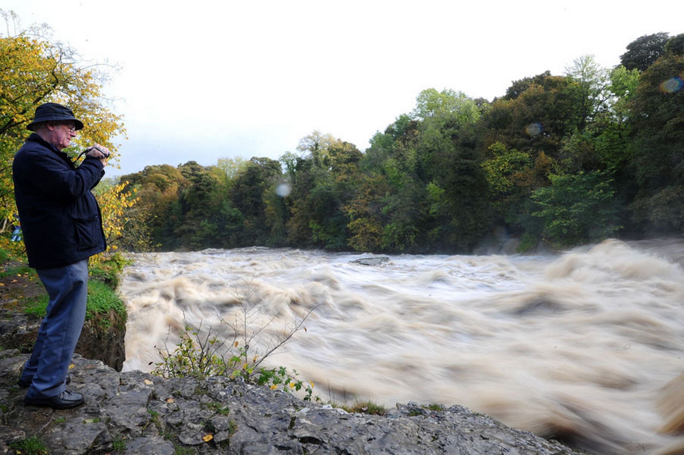 A-man-looks-out-over-the-fast-flowing-and-swollen-River-Ure-at-Aysgarth-Falls-North-Yorkshire-23rd-October-2641150